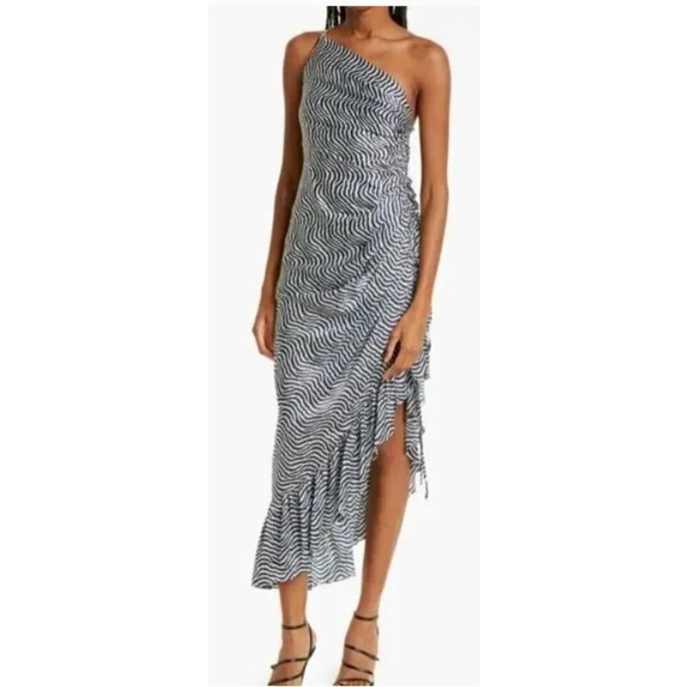 Cinq a Sept Christel Silk One Shoulder Ruched Midi Dress Sz 0 Cocktail Party NEW